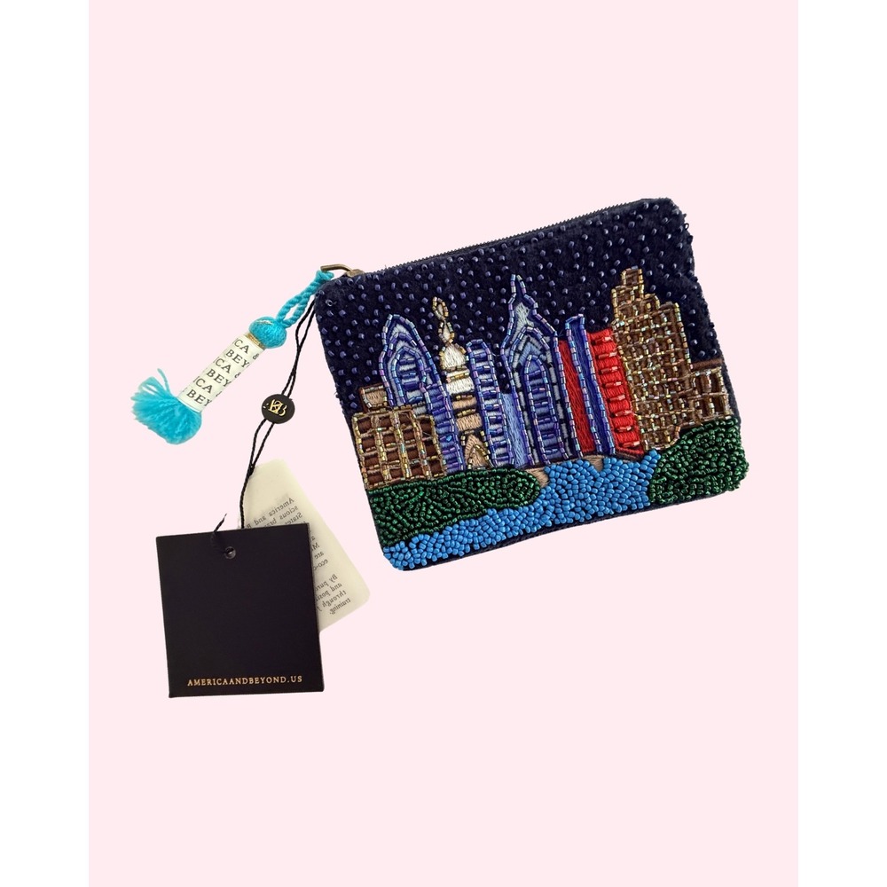 America & Beyond Beaded City Skyline Coin Purse Navy Blue Tassel Zipper Pull NWT